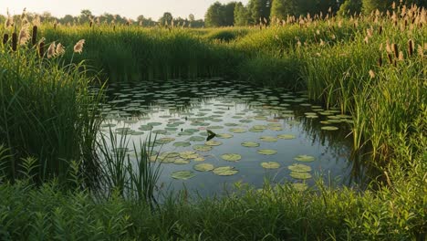 a serene reflection of nature: lush greenery surrounding a tranquil pond with lily pads and tall grasses under the soft golden light of evening