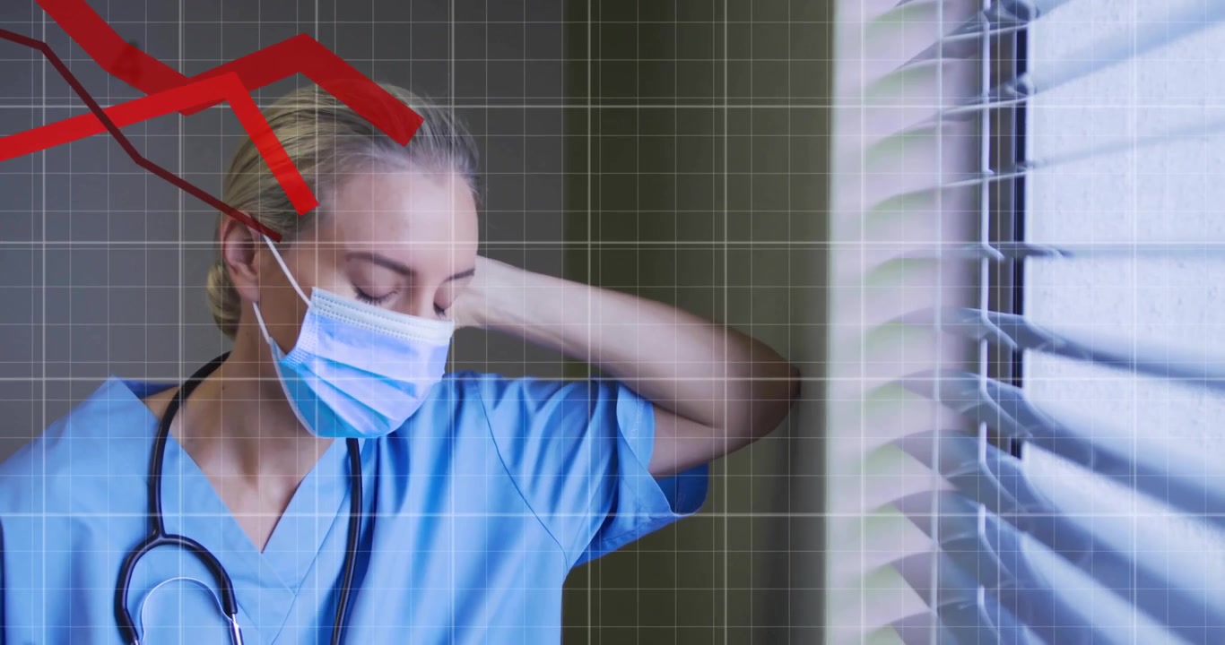 Enfermera médica observando un gráfico de líneas rojas apareciendo en una cuadrícula mientras cierra los ojos, reflejando estrés