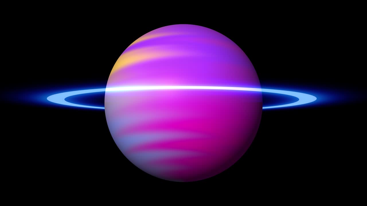 Animazione in loop di un pianeta su sfondo trasparente con CANALE ALPHA. Pianeta misterioso viola che ruota con un anello luminoso nello Spazio. Concetto di cosmo, universo. Filmato stock di sfera astratta.