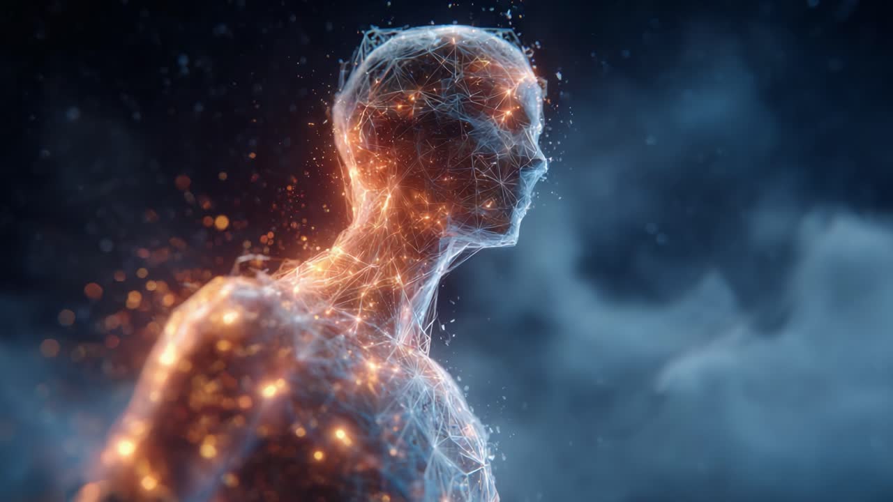 A Spectacular Visualization of a Human Figure Formed by Glowing Particles, Illustrating the Intersection of Technology and Humanity in a Futuristic Context
