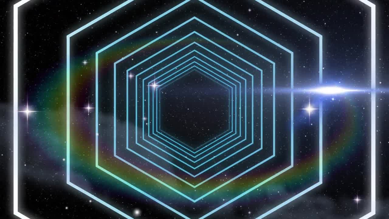 우주 에서 빛나는 별 들 과 대비 하여 원활 한 움직임 을 보이는 육각형 모양 의 디지털 애니메이션