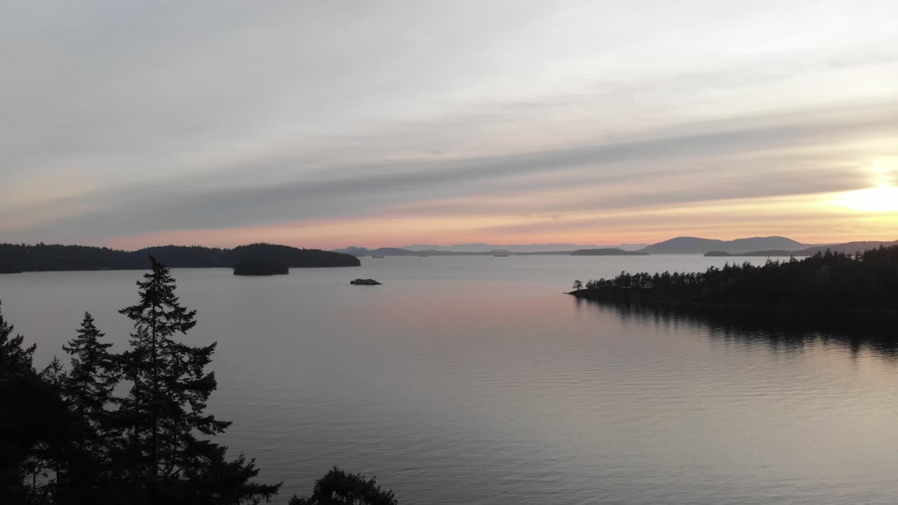 Roterende luftoptagelse forbi et træ afslører en fredelig solnedgang over Stillehavet i Washington.
