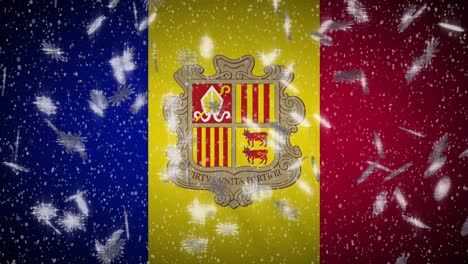 andorra flag falling snow loopable, new year and christmas background, loop