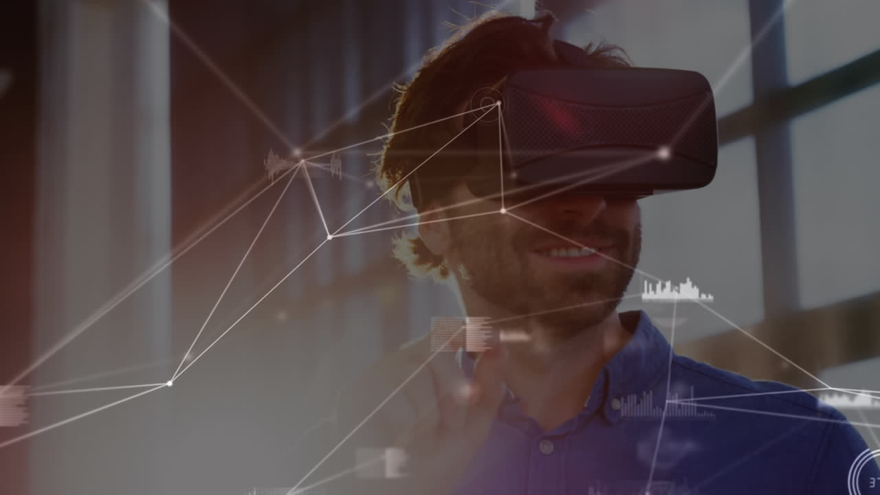 Animation of network of connections over businessman using vr headset