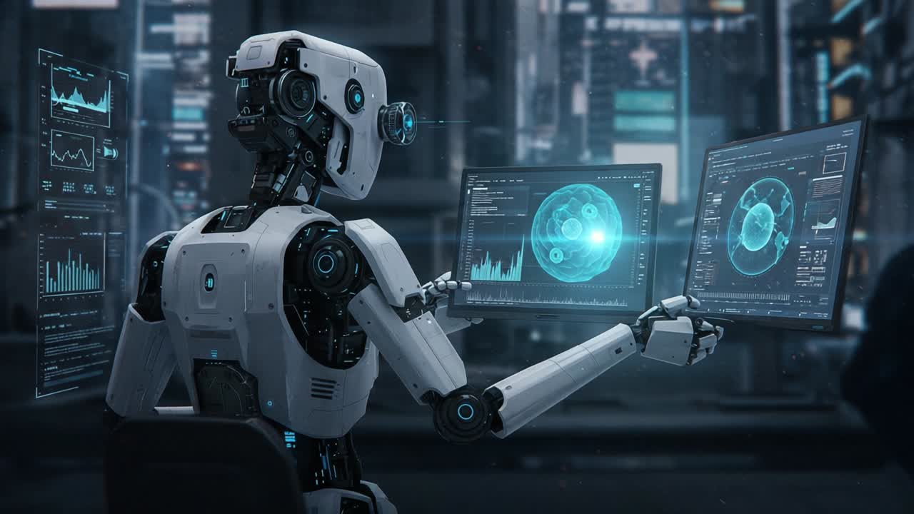 Futuristic Robot Analyzing Data from Dual Screens in a High-Tech Environment, Showcasing Advanced Artificial Intelligence and Interactive Graphical Interfaces