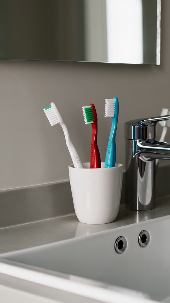 Toothbrushes in a Cup on a Bathroom Sink
