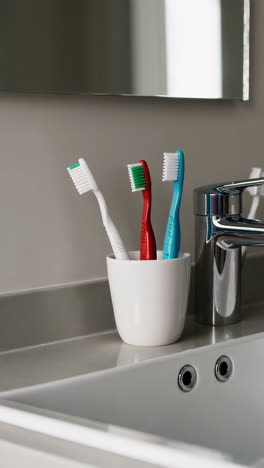 toothbrushes in a cup on a bathroom sink