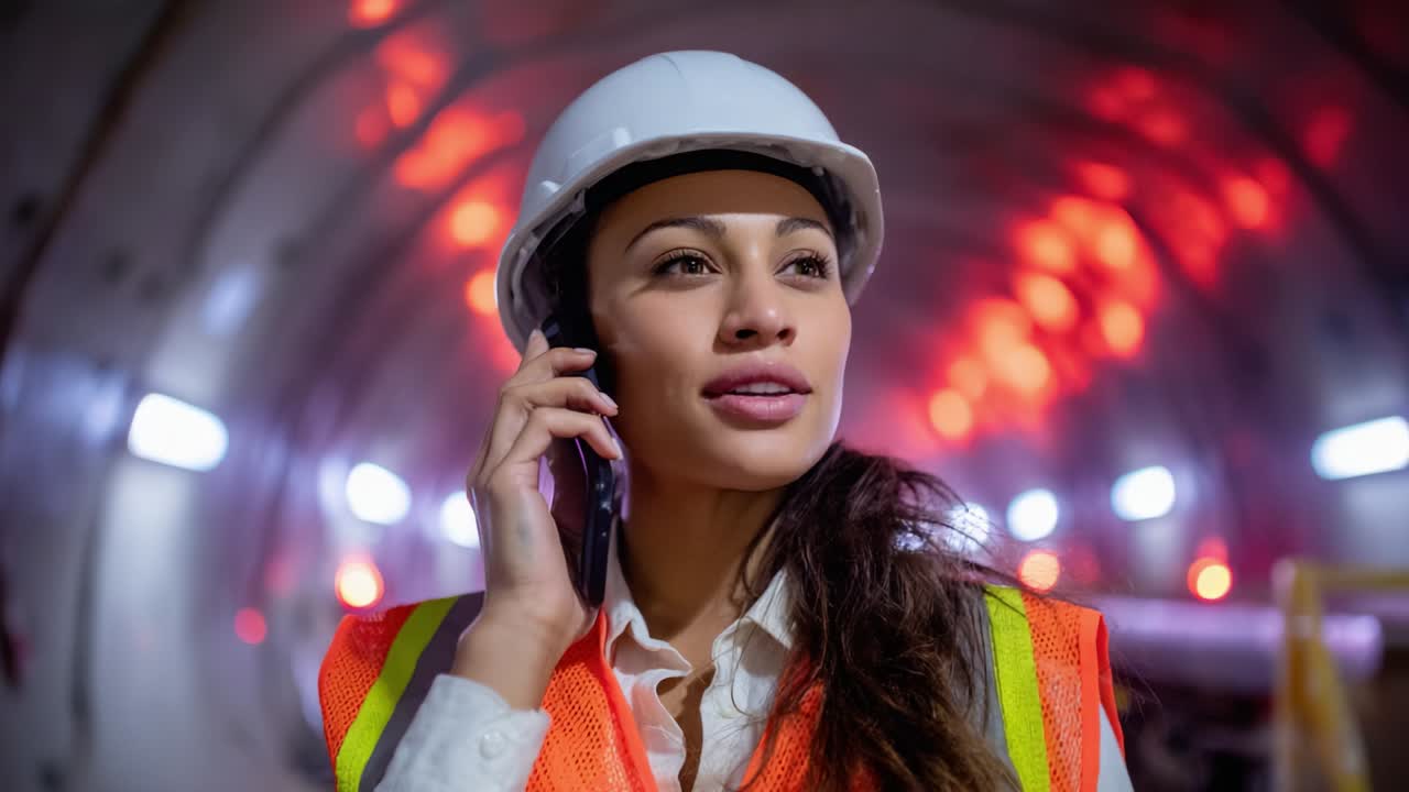 Focused Construction Worker in Safety Gear Engaged in Conversation While Ensuring Safety Protocols in a Dimly Lit Industrial Environment, Showcasing Dedication to Her Role and Responsibilities