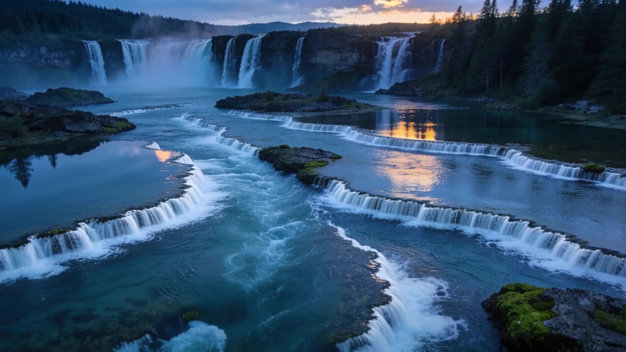Shifting sunset light showing tiered waterfall pouring over ledges, sending mist downstream at dusk