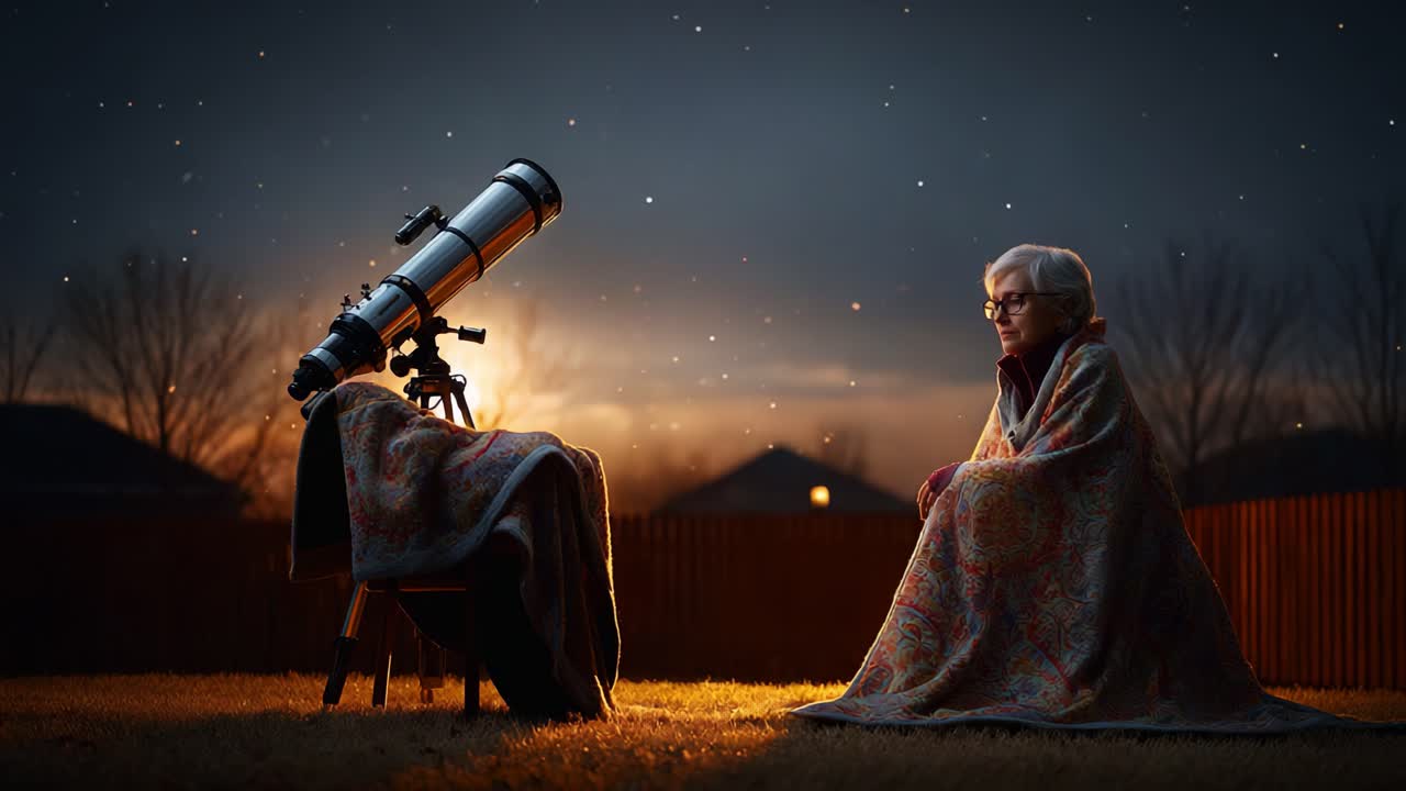 An elderly person wrapped in a cozy blanket gazes at the evening sky through a telescope, captivated by the beauty of the stars and the magic of the universe in a tranquil setting