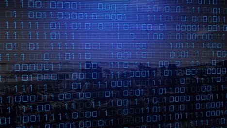 animation of binary data processing on dark blue lined screen over beach and seascape