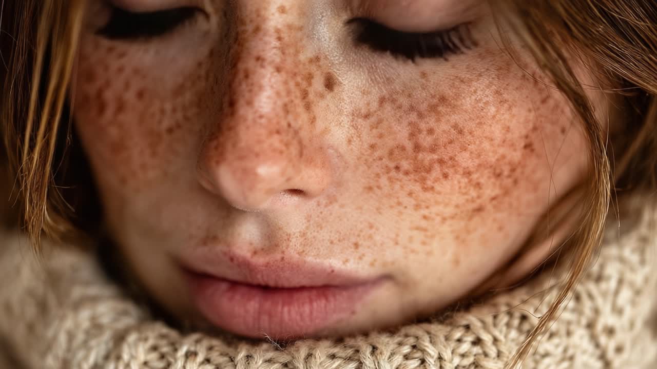 A close-up portrait of a woman with striking freckles and captivating eyes, wrapped in a warm knitted scarf, showcasing a blend of beauty and natural features in soft lighting