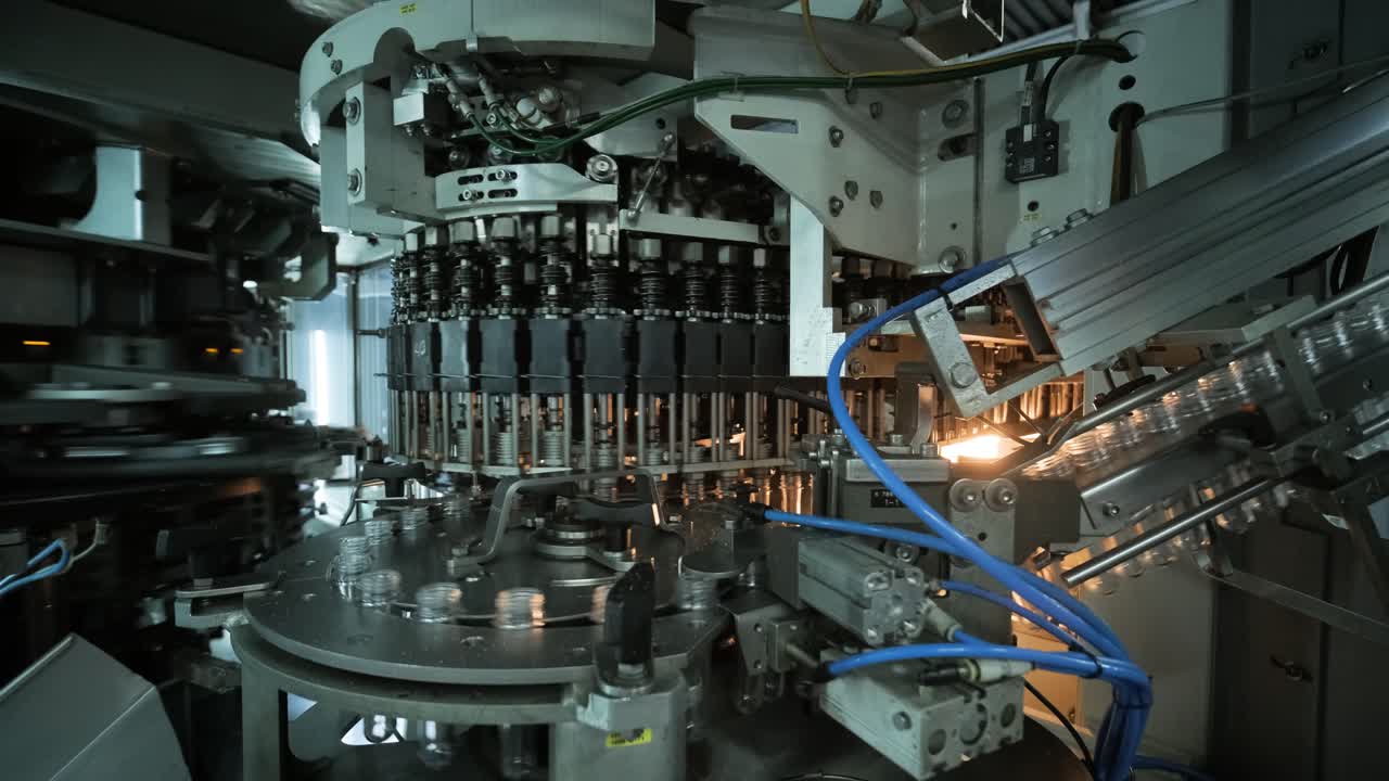 Automatic filling machine pours water into plastic PET bottles at modern beverage plant