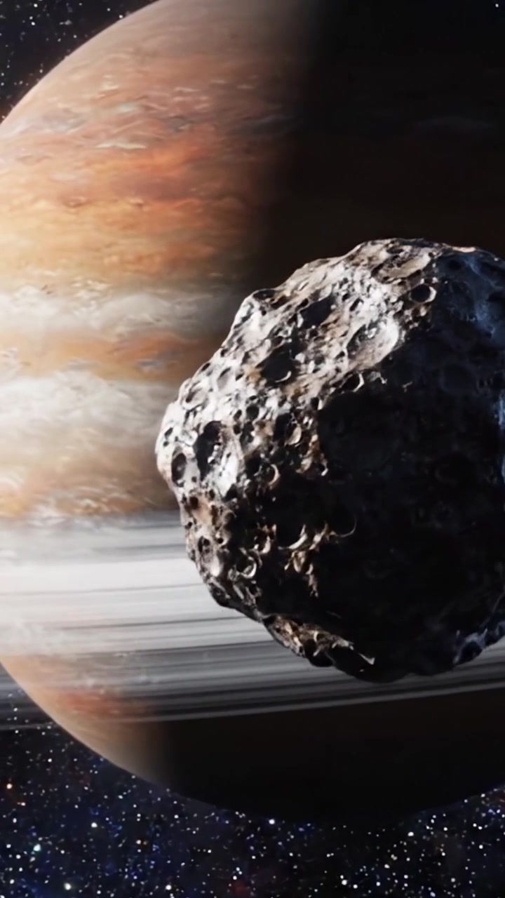 Uno sguardo mozzafiato alle meraviglie cosmiche, con un maestoso asteroide in primo piano e la vasta bellezza del gigante gassoso Giove sullo sfondo.