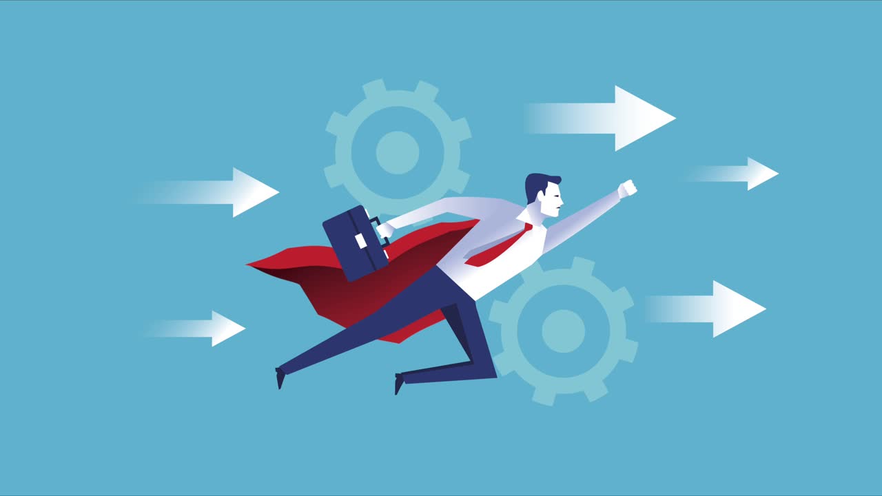 우아한 사업가 영웅 기어와 함께 날아가는 캐릭터