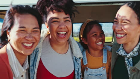 laugh, happy and young women on road trip