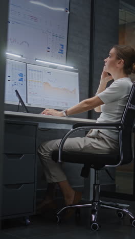 female financial analyst having phone call, analyzing real-time stocks on multi-monitor computer and digital tablet. businesswoman working in financial agency office at night. vertical shot.