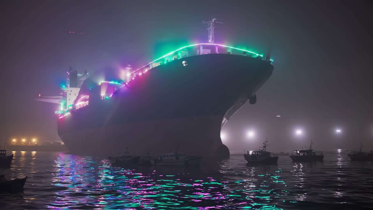 Large Cargo Ship in a Foggy Port at Night