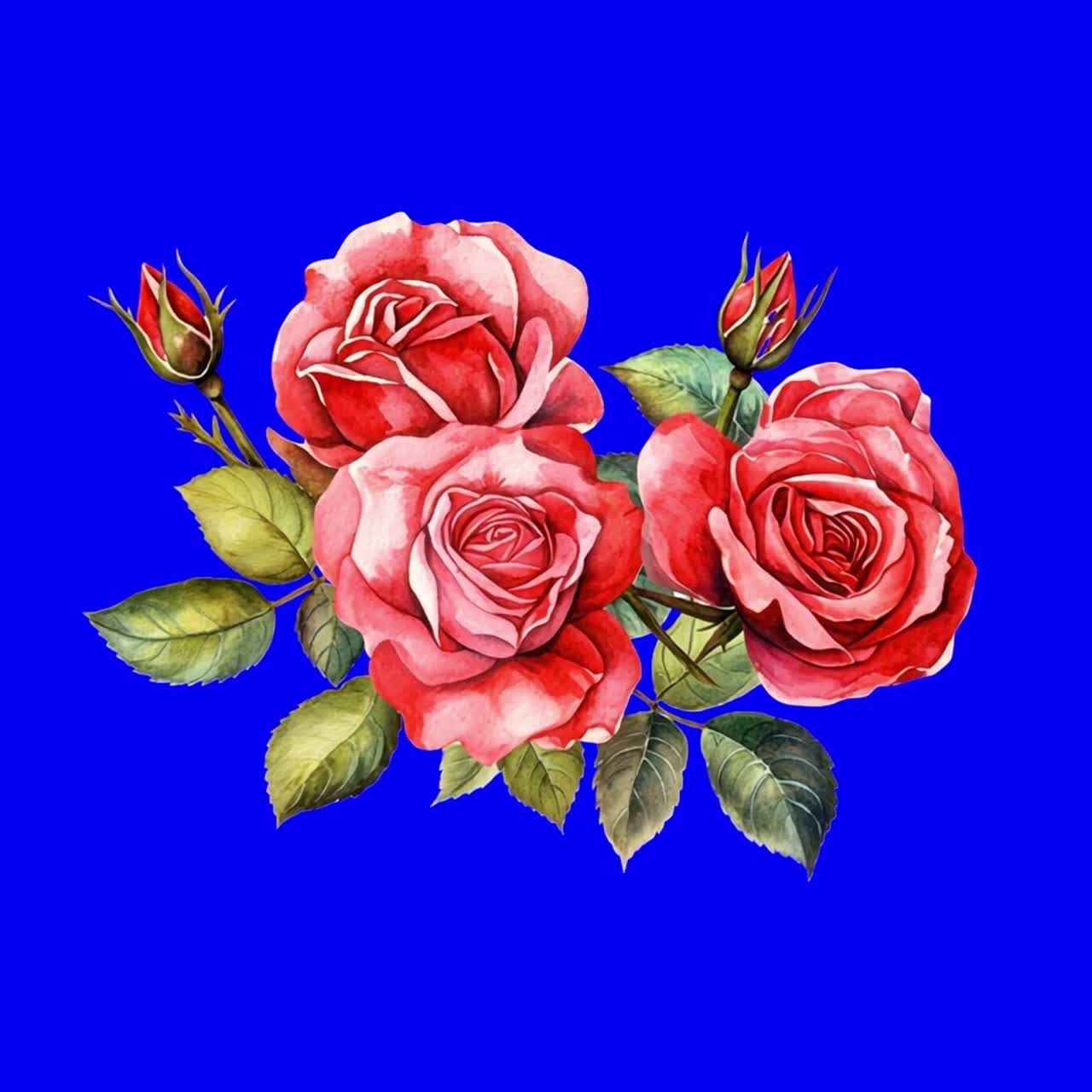 Vibrant watercolor roses illustration animation, transparent 4K video, green screen
