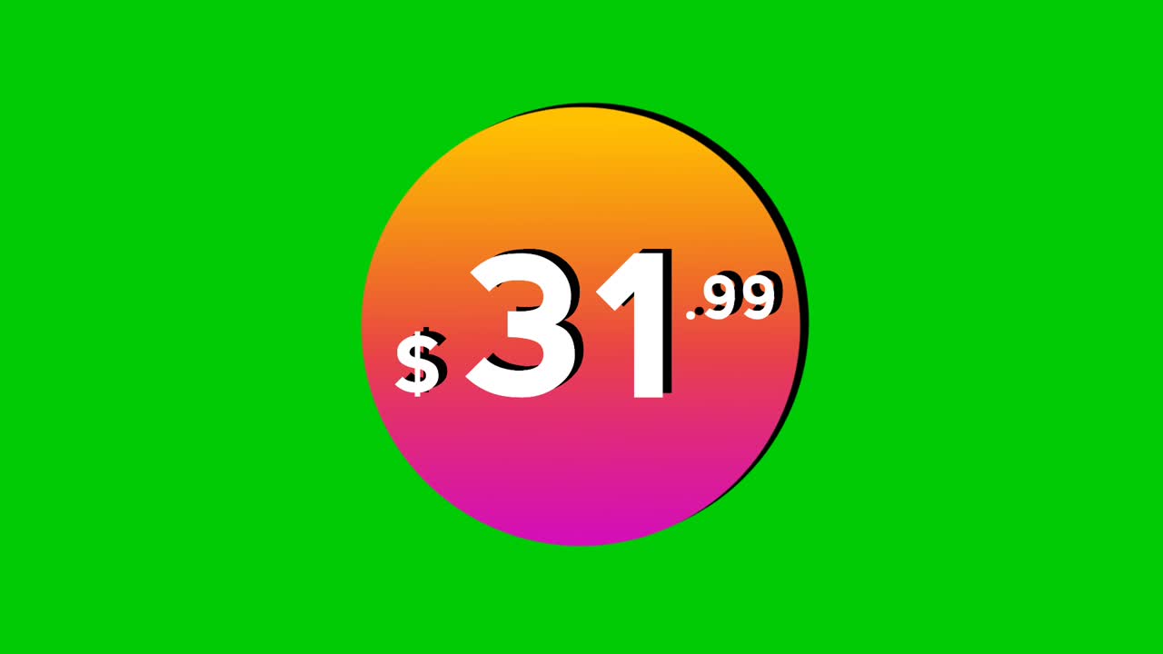 Animation price tag $31.99 Dollars in colorful circle motion graphics on green screen background. Perfect for ads, e-commerce, retail, discounts, and promotion business concept video element
