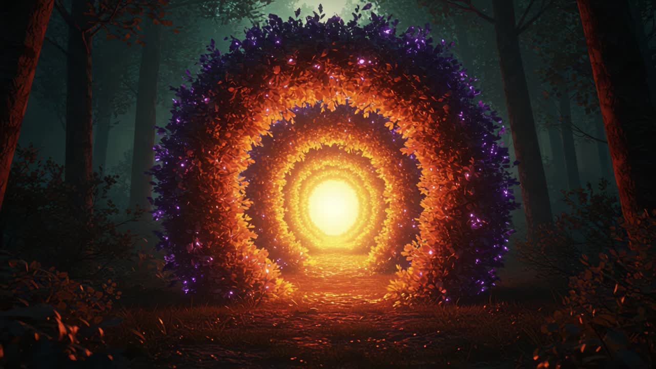 Enchanting Circular Gateway of Light Surrounded by Lush Foliage Illuminating the Mysterious Forest Pathway, Guiding on a Journey of Discovery