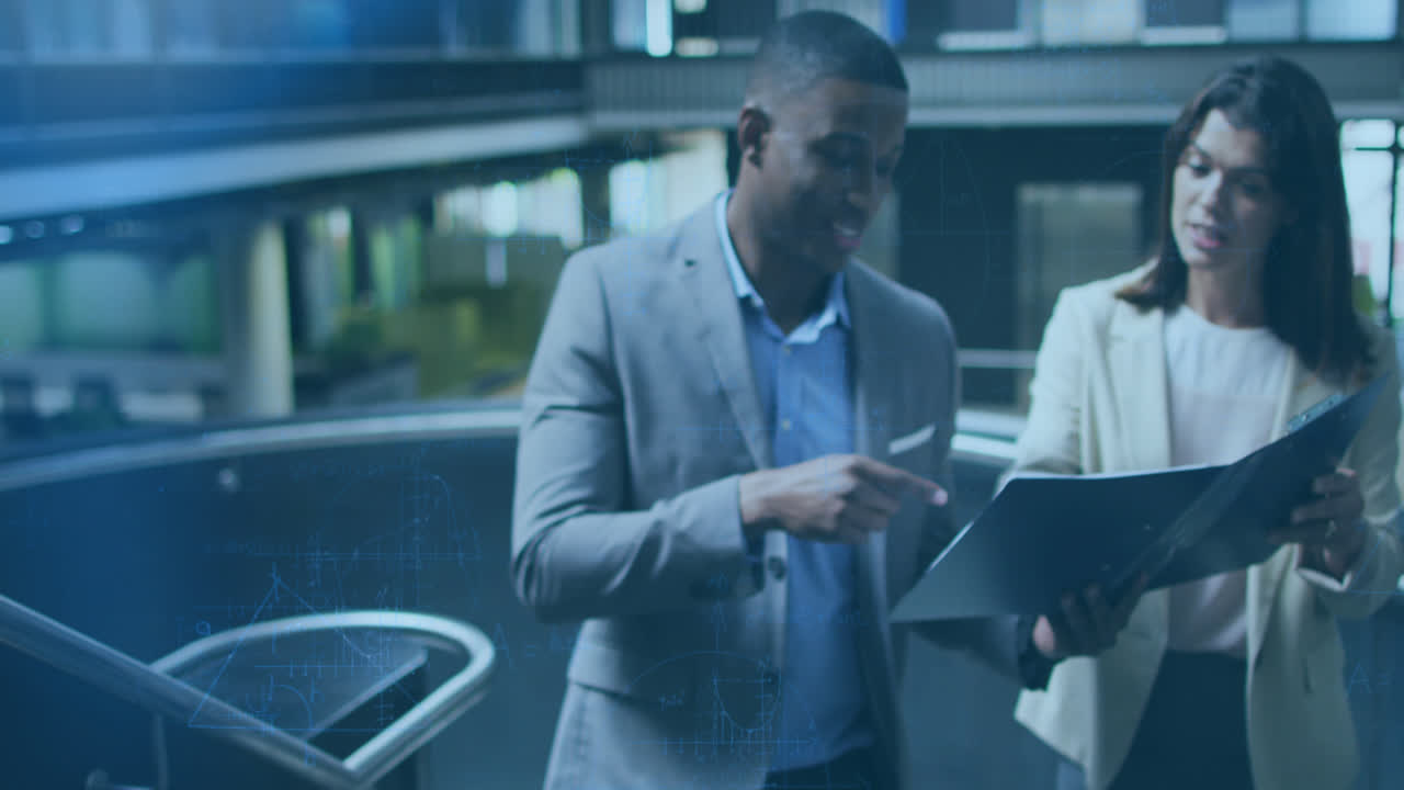 Animation of data processing over diverse business people in office