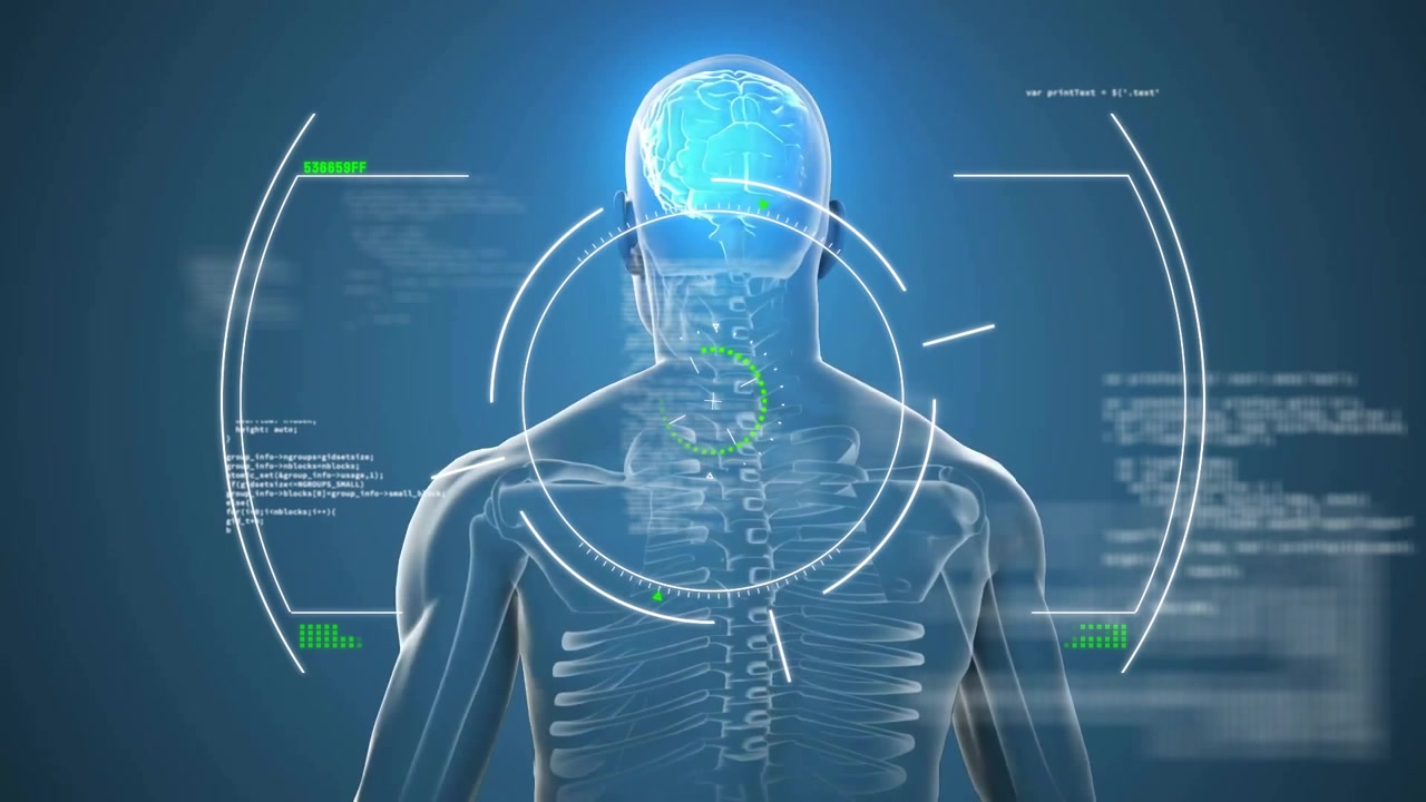 Animation of scope scanning with data processing over digital human model on blue background