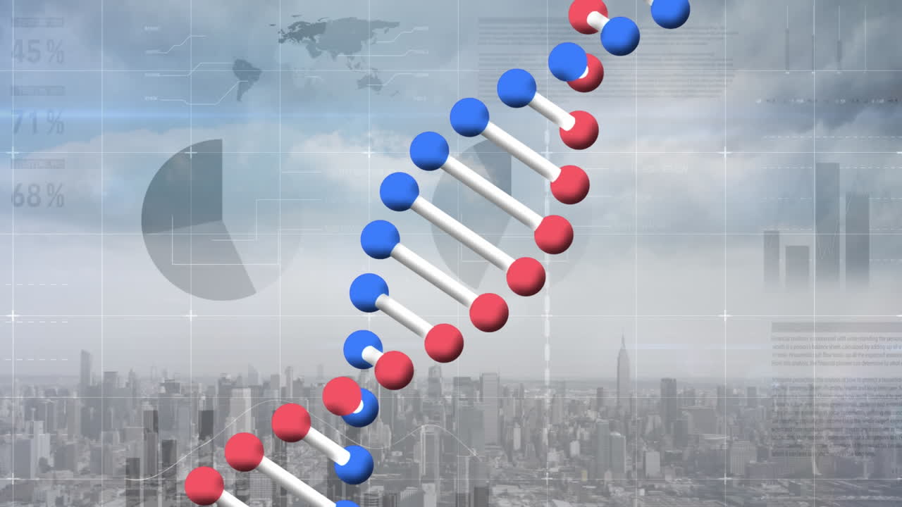 도시 풍경 위의 dna 가닥 스피닝, 통계 및 데이터 처리 애니메이션