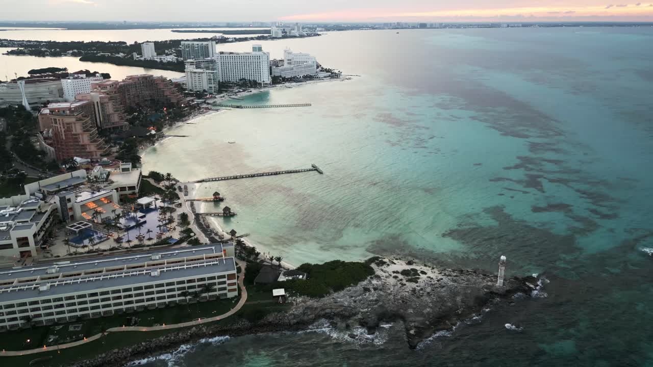 Aerial sunset at Cancun hotel zone Riviera Maya Mexico tropical carribbean paradise beach drone footage travel destination