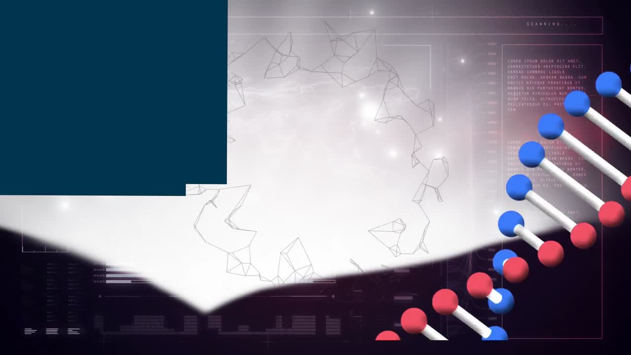 animación de la cadena de adn girando sobre una red de conexiones y procesamiento de datos