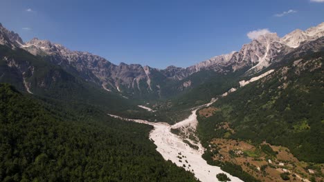 Wild-nature-on-Albanian-Alps-with-valley,-green-forests-and-high-mountains