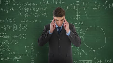 man massaging her temples in front of chalkboard with moving math calculations
