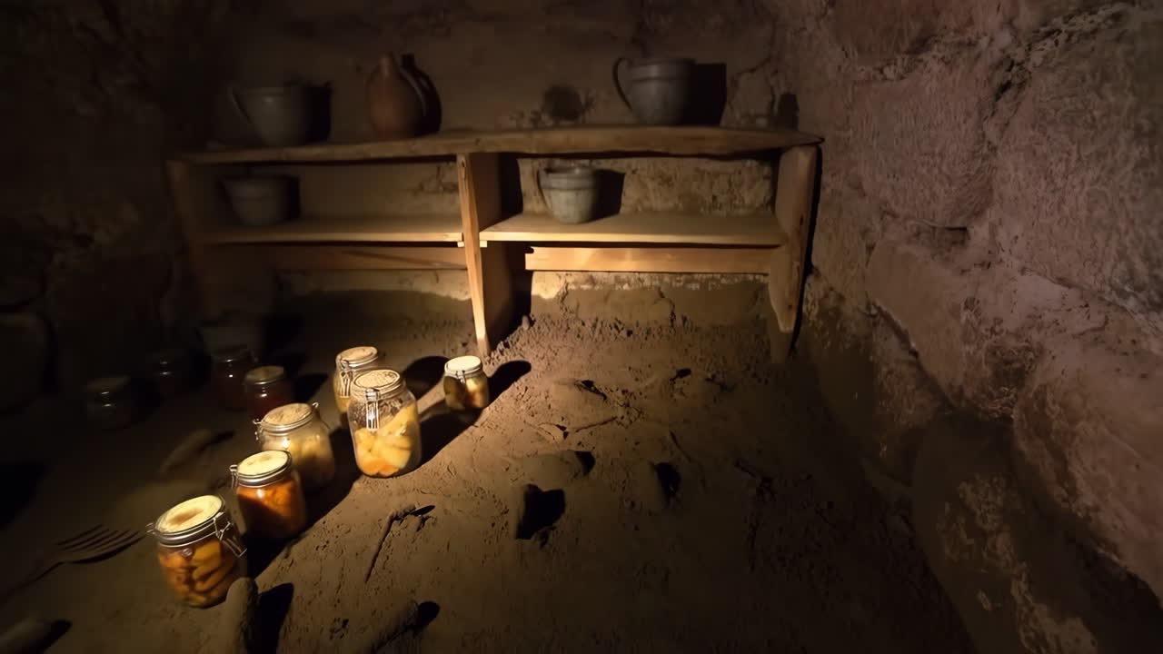 Rustic Underground Cellar with Preserved Foods and Pottery