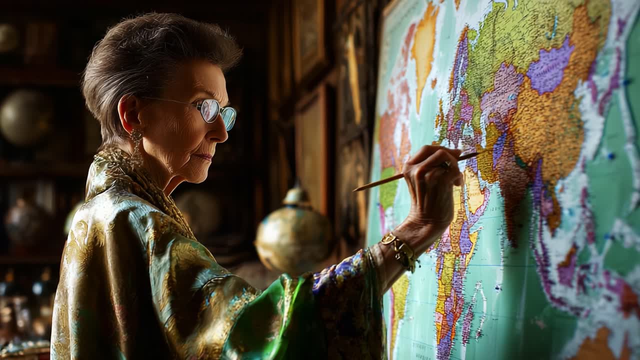 An elderly woman engaged in the intricate process of charting and coloring a detailed world map, showcasing her dedication and artistry in a richly decorated study environment