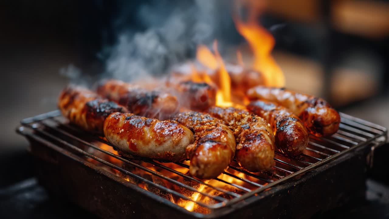 Salsicce sfrigolanti sulla griglia: una scena di barbecue perfetta catturata tra fiamme e fumo, che mostra carni deliziosamente cotte pronte per essere gustate.