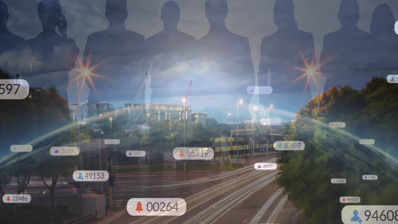 전 세계, 사람 및 풍경 배경에 대한 소셜 미디어 아이콘과 숫자의 애니메이션