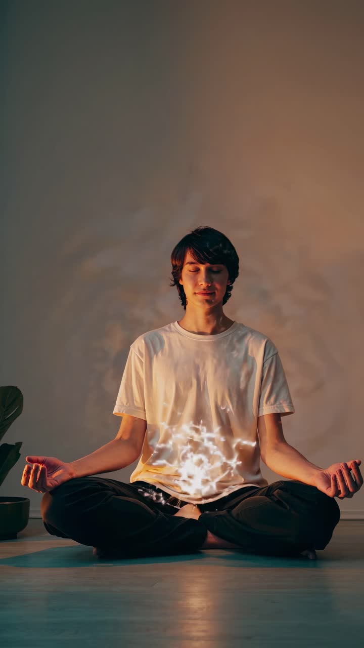 Serene male meditating, glowing energy radiating from core while sitting cross legged in darkened interior space, embodying mindful practice