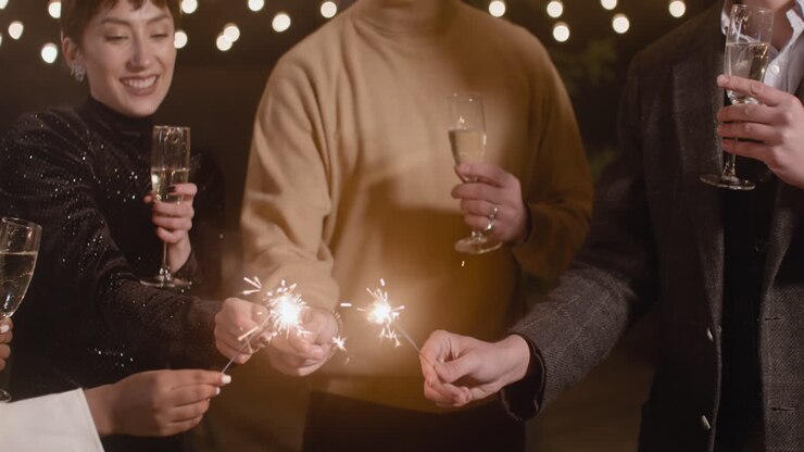 Group Of Four Multiethnic Friends With Champagne Glasses Having Fun With Sparklers At New Year's Eve Party