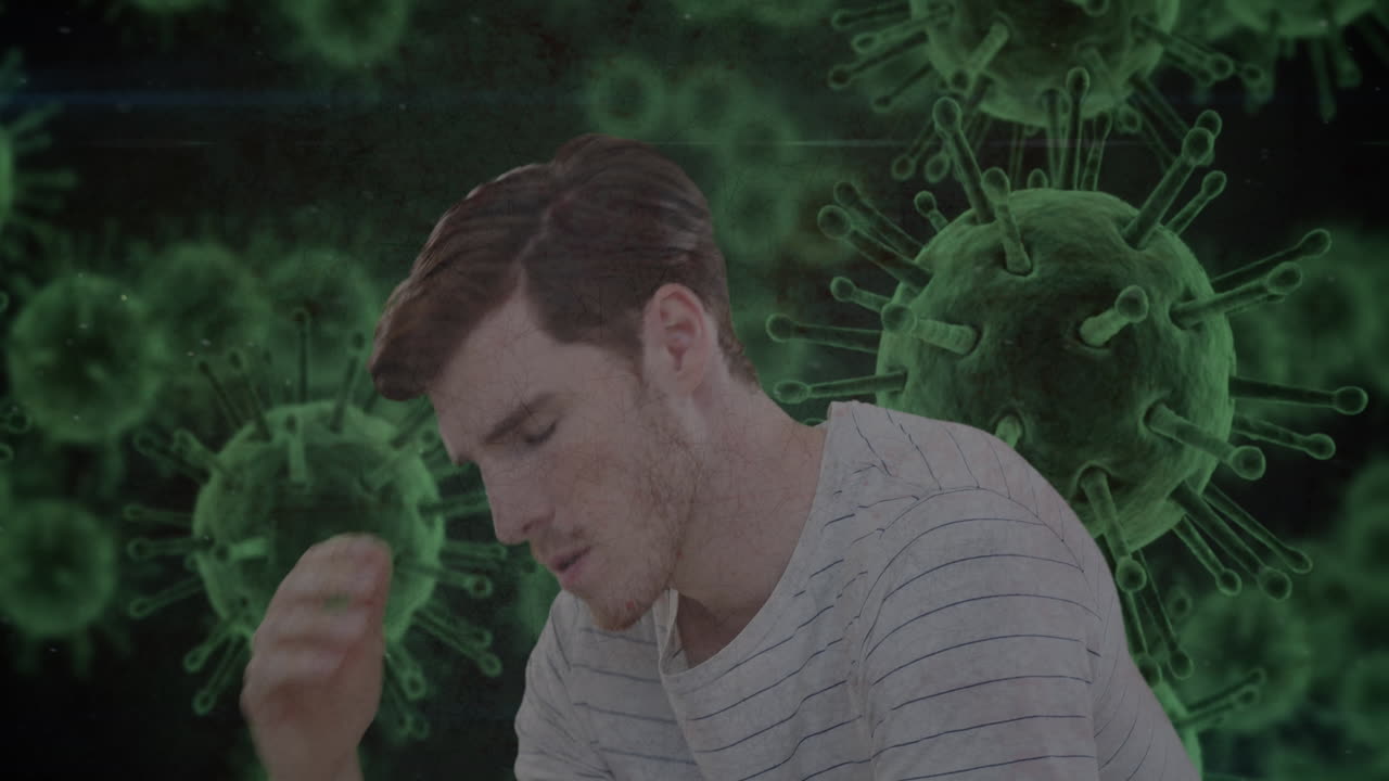 코로나바이러스 박테리아가 아픈 사람의 생각을 날아다니고 있습니다.