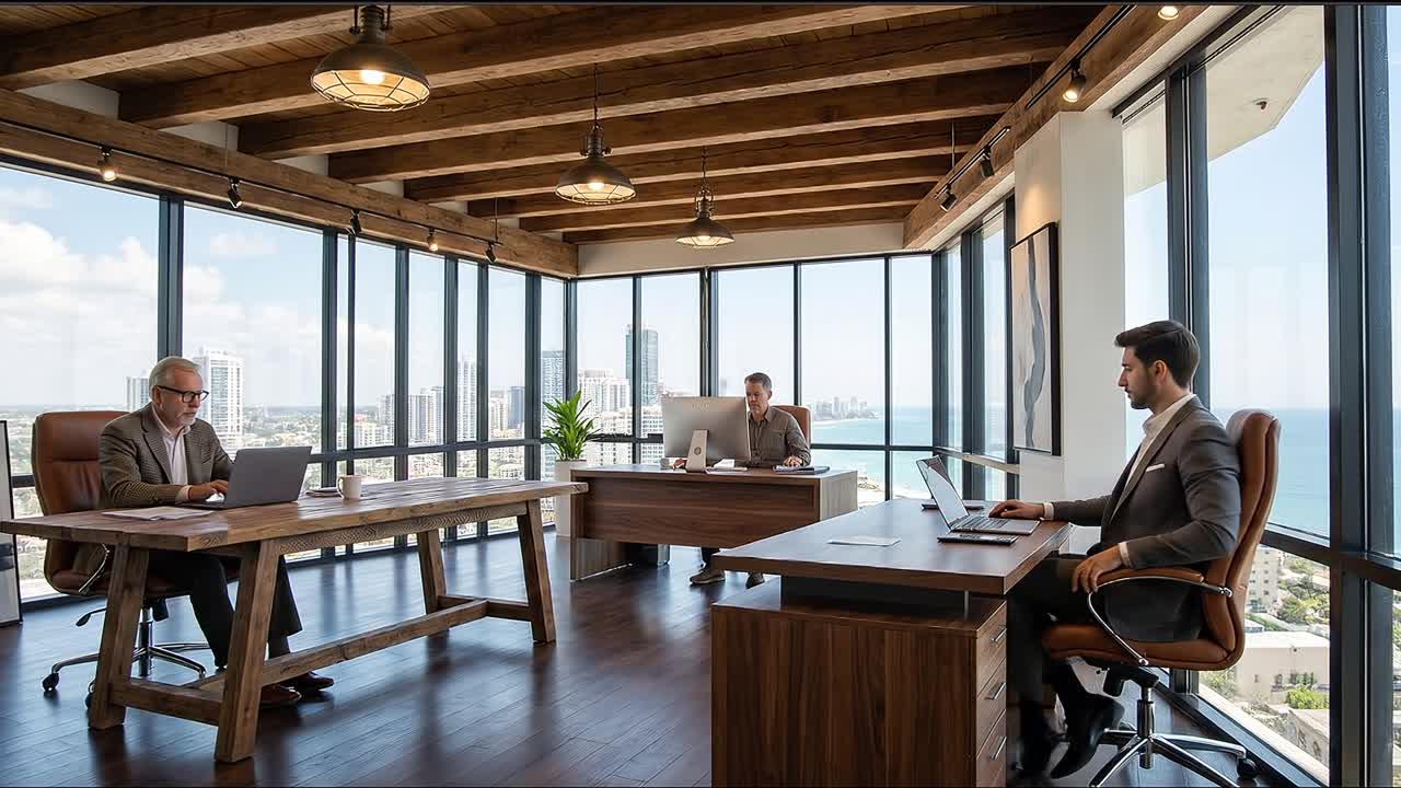 Professionals working on laptops in modern executive office with large windows and city skyline