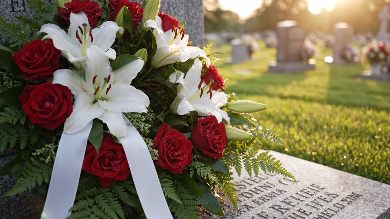 Elegante composizione floreale su una lapide: un bellissimo omaggio con rose rosse e gigli bianchi in un sereno ambiente cimiteriale all'ora d'oro.