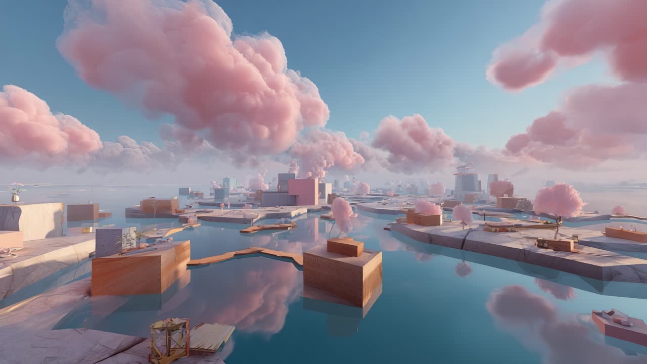 A Serene Landscape of Floating Platforms Surrounded by Dreamlike Pink Clouds and a Tranquil Reflection on Water, Capturing a Unique Visual Experience of Peacefulness and Imagination