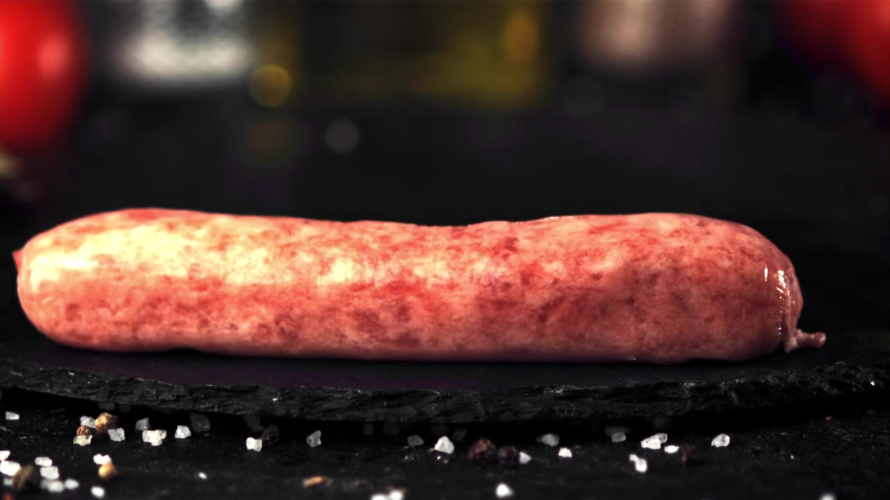 Salsiccia cruda che cade su una superficie di ardesia scura al rallentatore.