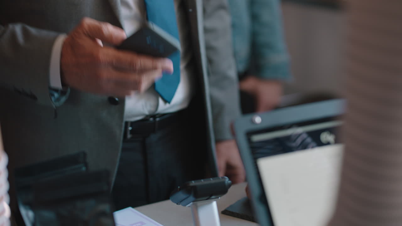 businessman making contactless payment using smartphone mobile money transfer man buying coffee in cafe enjoying service at restaurant
