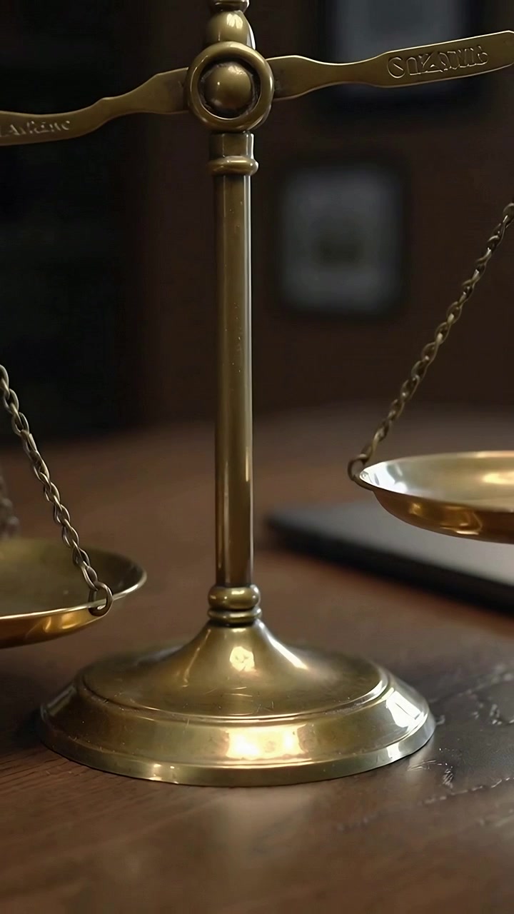 Video verticale: Telecamera che si inclina, rivelando una bilancia in ottone che oscilla su una scrivania di legno, per mostrare i piatti e un laptop.