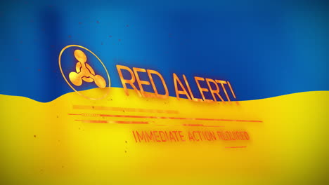 animación de una pancarta de texto de alerta roja con símbolo radiactivo contra el fondo de la bandera de ucrania y la ue