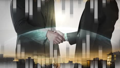 animation of financial data processing over businessman and businesswoman shaking hands