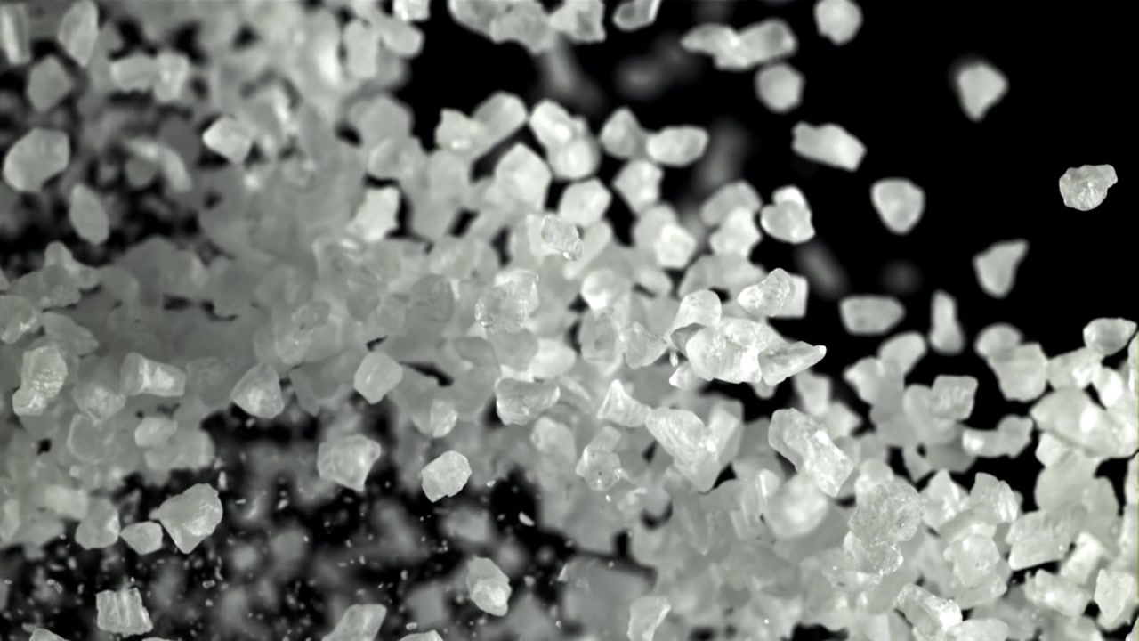 Primo piano di cristalli di sale bianco che cadono su uno sfondo nero.