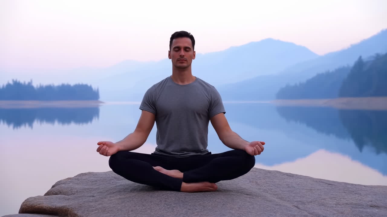 Hombre caucásico meditando en una roca junto al lago al amanecer, en posición de loto con los ojos cerrados, con respiración tranquila