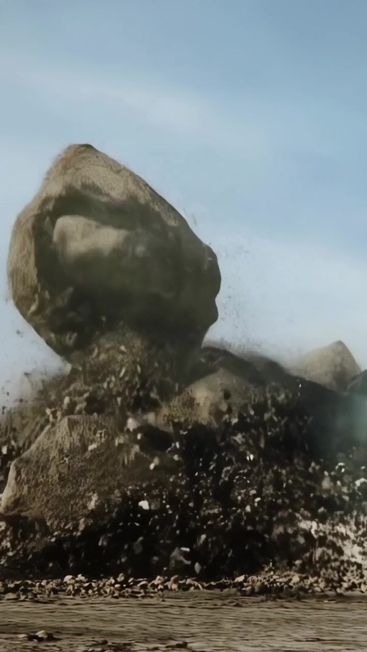 Vertical video: Jerking boulder from pile after sudden motion, displacing gravel and dust fragments
